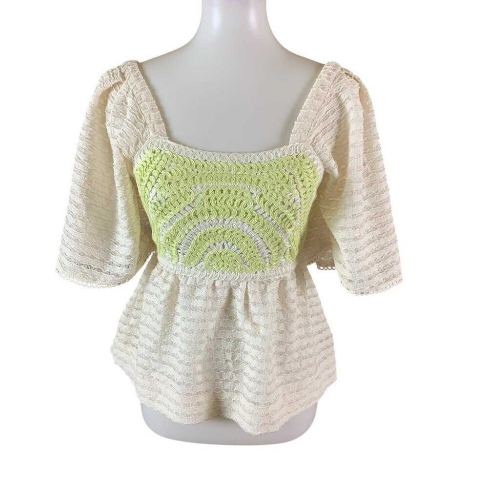 Sarah Hann Anthropologie Ivory Green Crochet Peplum Top XS‎ Cottagecore NWT